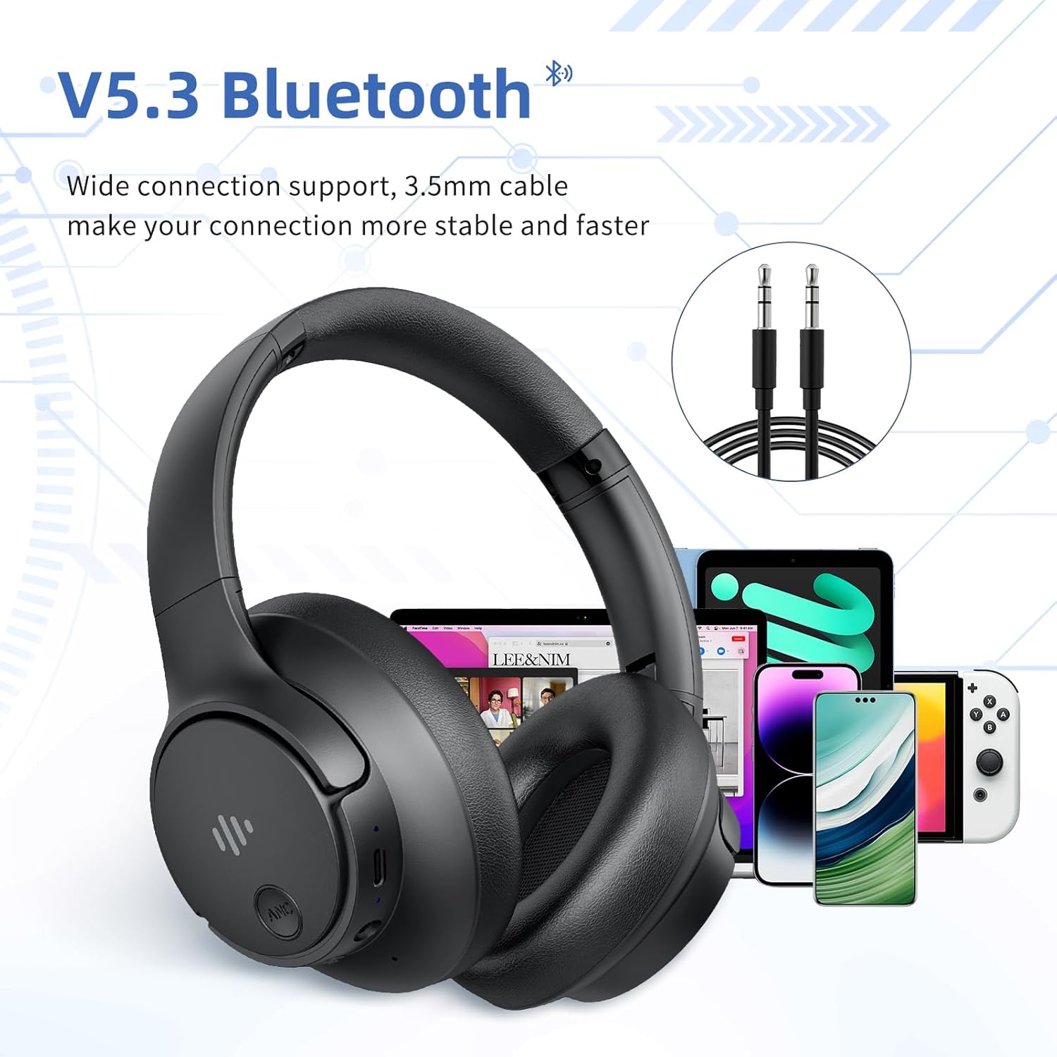 Active Noise Cancelling Headphones, Wireless Headphones Over Ear Bluetooth Headphones with Microphone, Transparency Mode, 70H Playtime, Hi-Res Audio, Deep Bass, Bluetooth 5.3, Lightweight Design,Black - Image 3