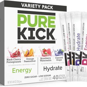 PURE KICK Energy and Hydrate Singles To Go Drink Mix Variety Pack, Black cherry Pomegranate, Orange Passion Fruit, Strawberry watermelon and Concord Grape, 40 Count (Pack - 1)