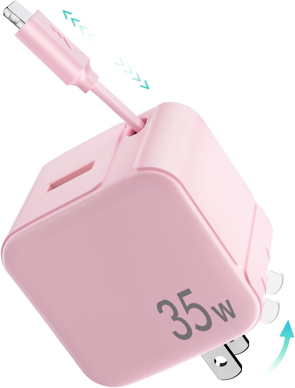 Retractable Wall Charger Block for iPhone, 35W PD Fast Charger with Retractable Lightening Cable and USB Port, Portable Charger Adapter with Foldable Plug for iPhone14/13/12,iPad,Air-Pods Pink