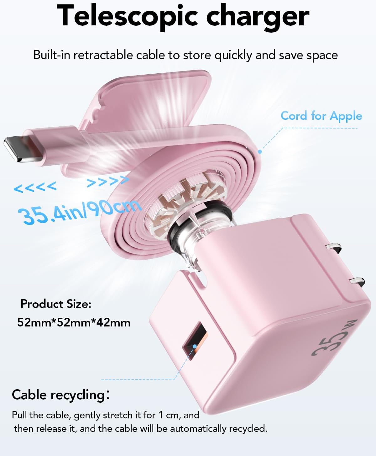 Retractable Wall Charger Block for iPhone, 35W PD Fast Charger with Retractable Lightening Cable and USB Port, Portable Charger Adapter with Foldable Plug for iPhone14/13/12,iPad,Air-Pods Pink - Image 4
