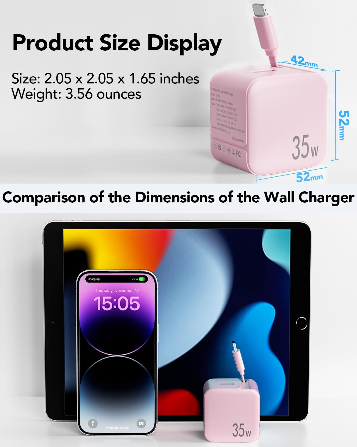 Retractable Wall Charger Block for iPhone, 35W PD Fast Charger with Retractable Lightening Cable and USB Port, Portable Charger Adapter with Foldable Plug for iPhone14/13/12,iPad,Air-Pods Pink - Image 6