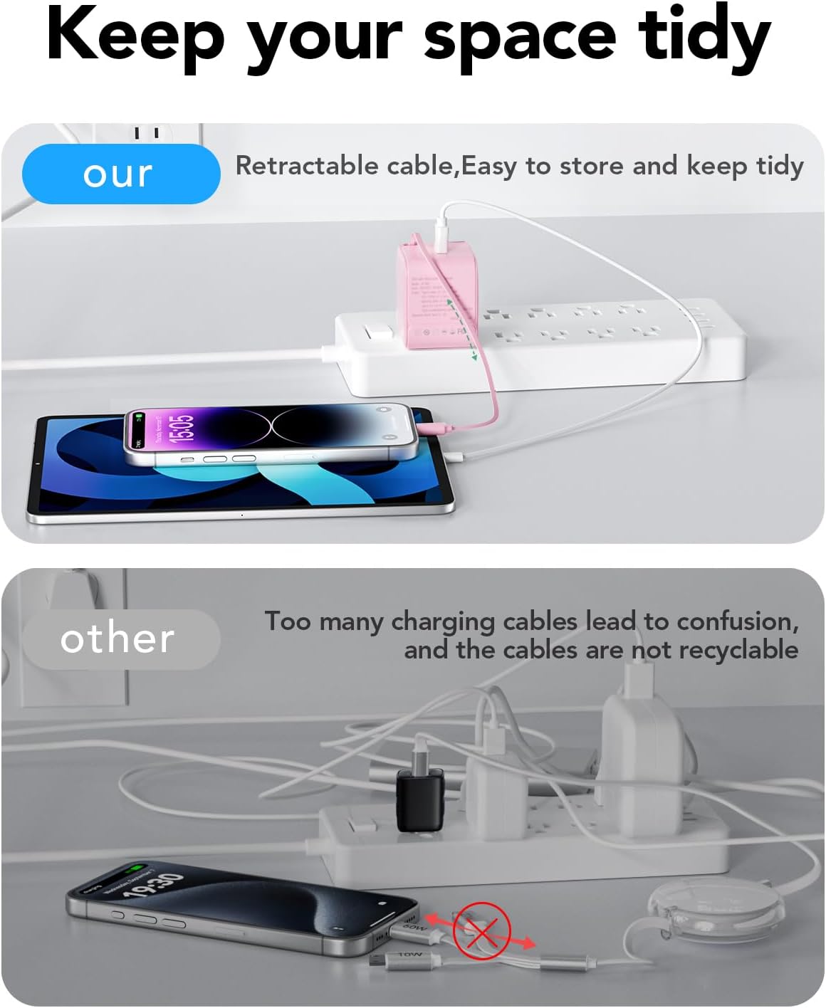 Retractable Wall Charger Block for iPhone, 35W PD Fast Charger with Retractable Lightening Cable and USB Port, Portable Charger Adapter with Foldable Plug for iPhone14/13/12,iPad,Air-Pods Pink - Image 7