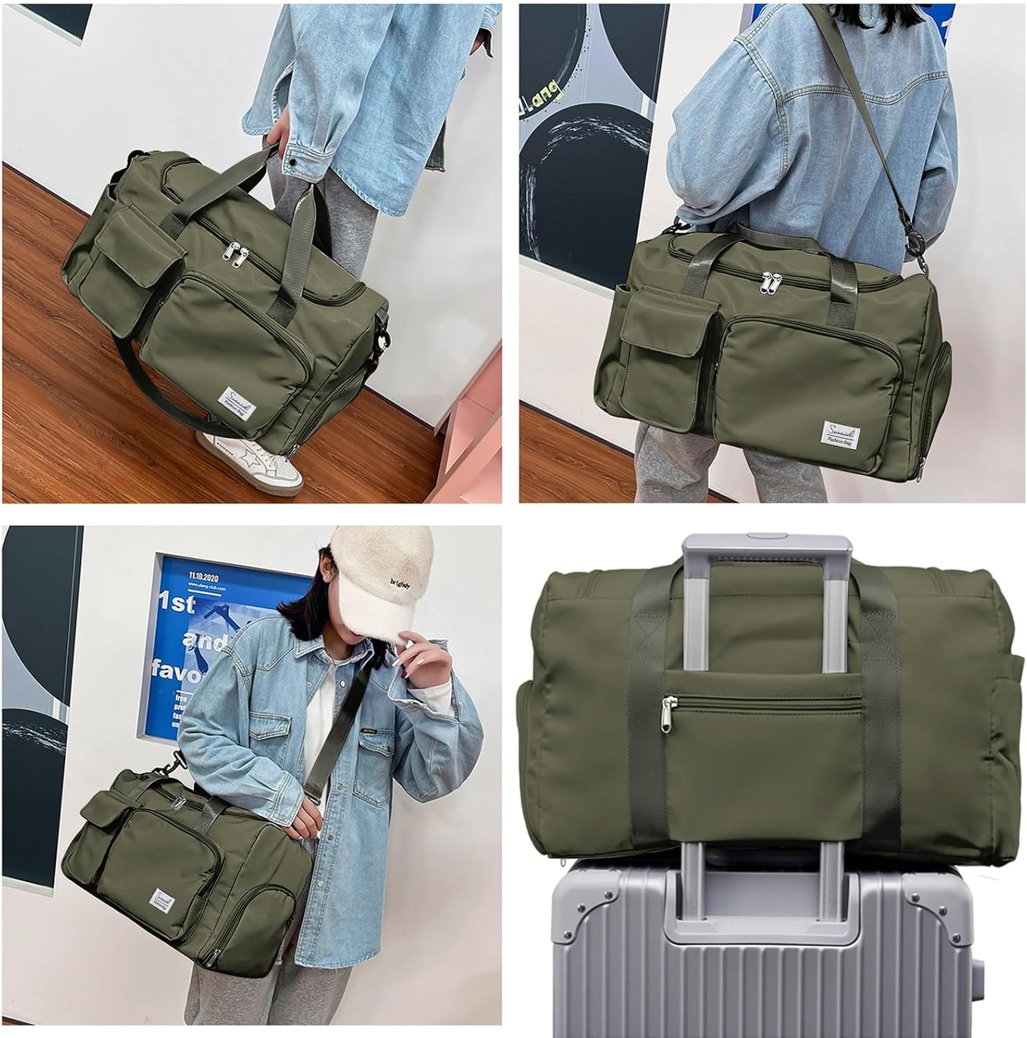 Travel Duffel Bag with Shoes Compartment Sports Gym Bag with Dry Wet Separated Pocket for Men and Women, Overnight Bag Weekender Bag Training Handbag Yoga Bag - Olive Green - Image 6