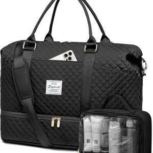 Women Weekender Travel Duffle Bags: Duffel Overnight Bag with Shoe Compartment Large Carry on Tote Bag Toiletry Bag Weekend Yoga Gym Bags with Wet Pocket Hospital Bags for Labor and Delivery Black