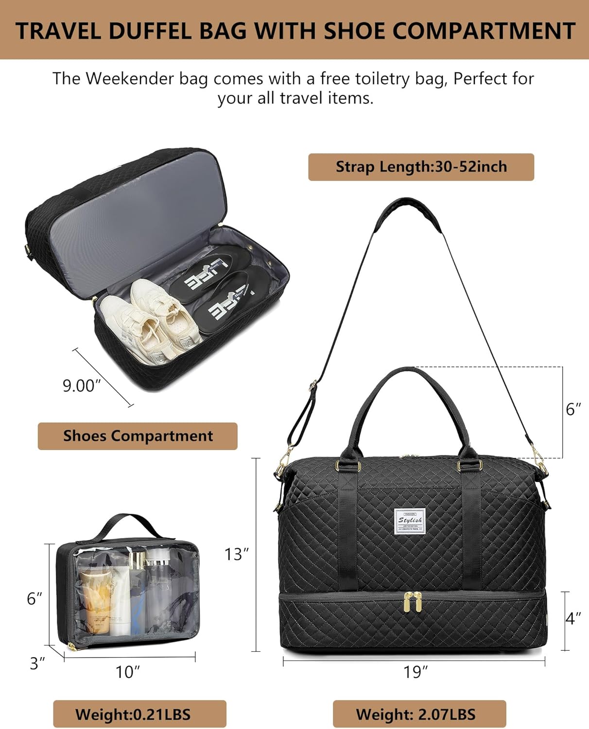 Women Weekender Travel Duffle Bags: Duffel Overnight Bag with Shoe Compartment Large Carry on Tote Bag Toiletry Bag Weekend Yoga Gym Bags with Wet Pocket Hospital Bags for Labor and Delivery Black - Image 3