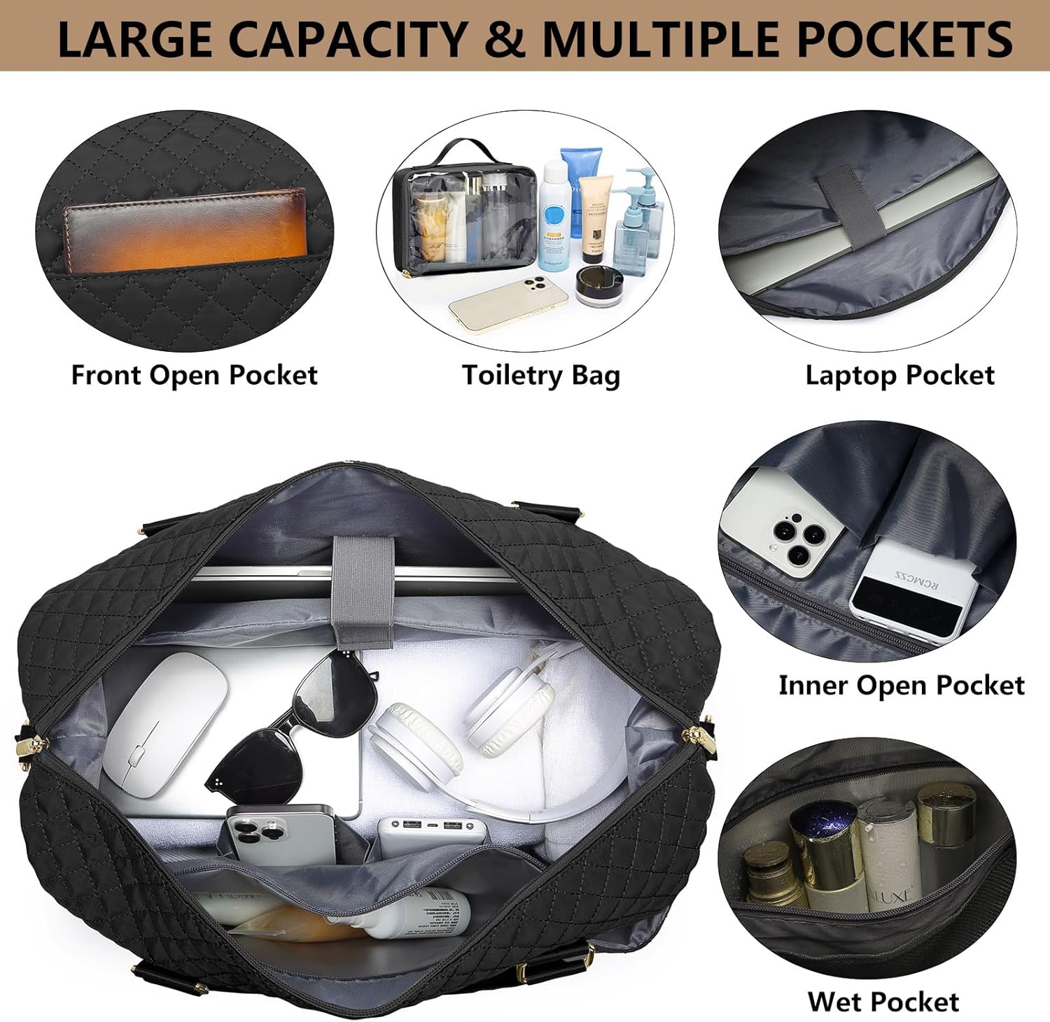 Women Weekender Travel Duffle Bags: Duffel Overnight Bag with Shoe Compartment Large Carry on Tote Bag Toiletry Bag Weekend Yoga Gym Bags with Wet Pocket Hospital Bags for Labor and Delivery Black - Image 4