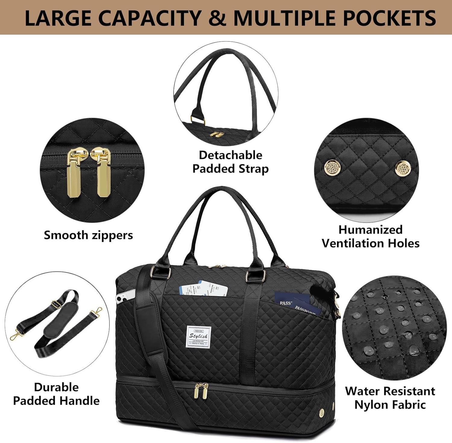 Women Weekender Travel Duffle Bags: Duffel Overnight Bag with Shoe Compartment Large Carry on Tote Bag Toiletry Bag Weekend Yoga Gym Bags with Wet Pocket Hospital Bags for Labor and Delivery Black - Image 6
